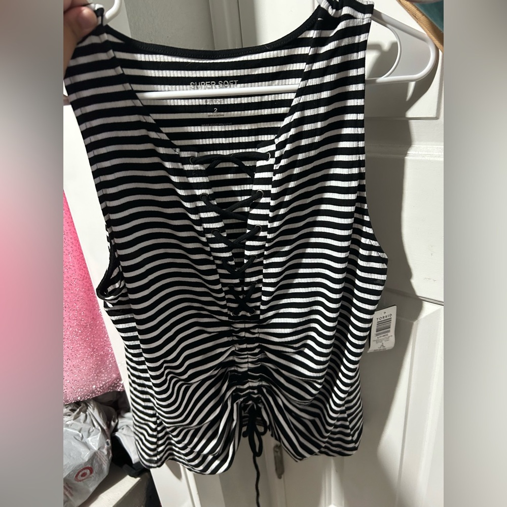 Torrid Striped Black and White Lace-Up Top